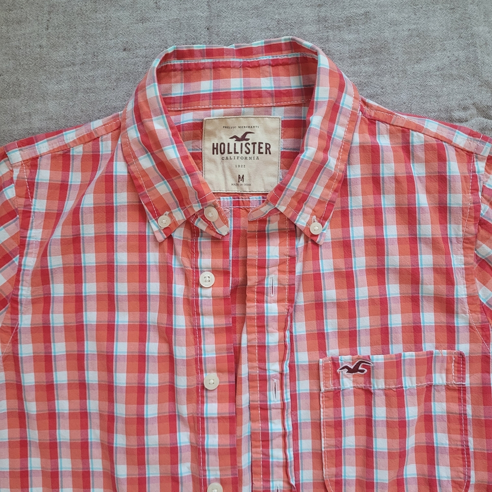 Vintage Hollister Men's Red Orange Plaid Button-Down Shirt